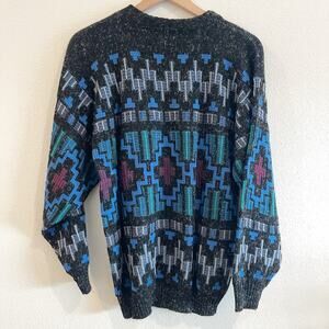 VTG80s Sweater Men Large Blue Southwestern‎ Grandpa Retro Grunge Argyle Tribal